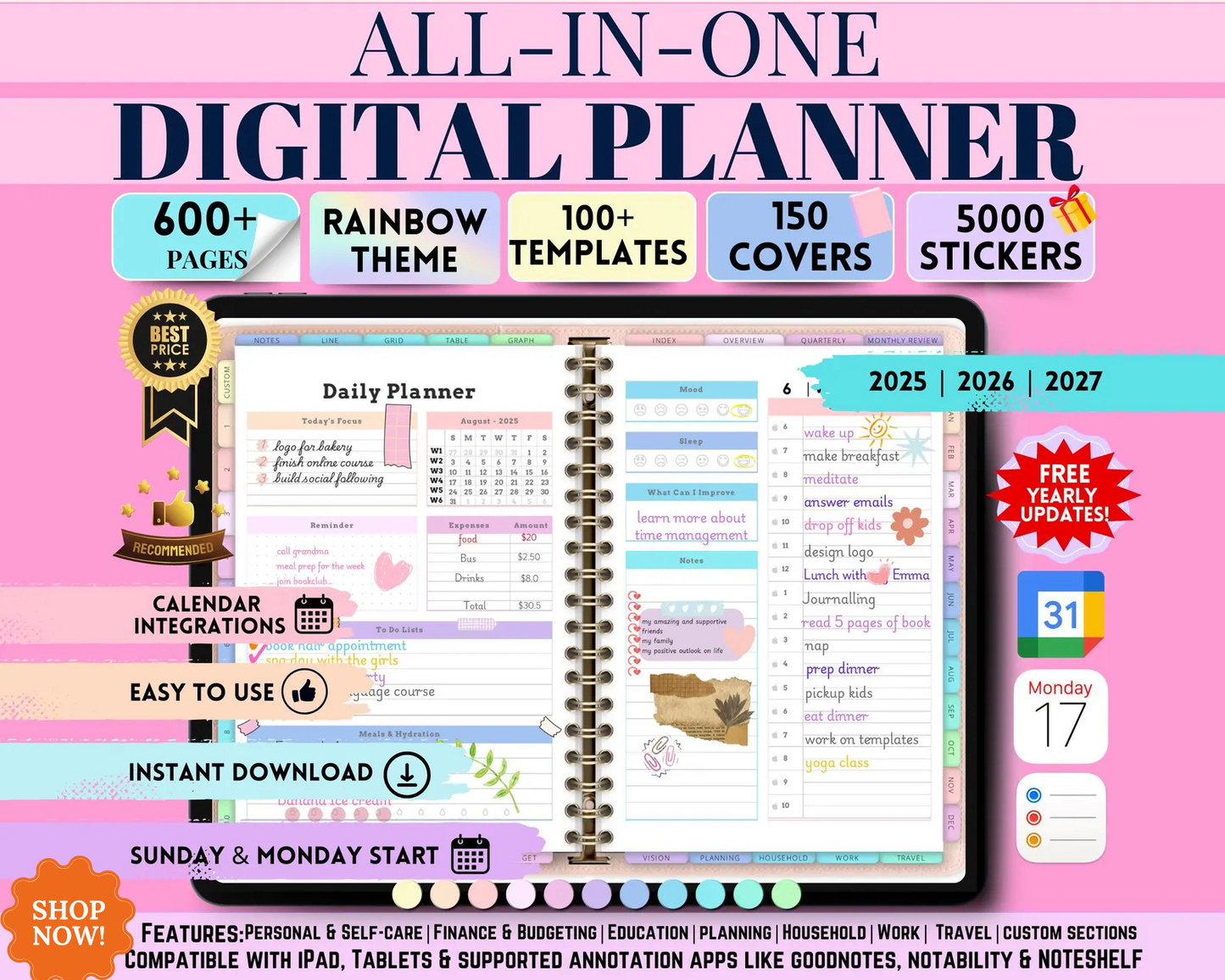 All In One Digital Planner 2025, 2026, 2027 , Digital Journal, Digital Goodnotes .